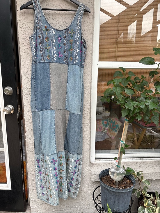 Young Threads Dresses & Skirts - Young Threads  Patchwork Denim Maxi Dress with Floral Embroidery - Blue
